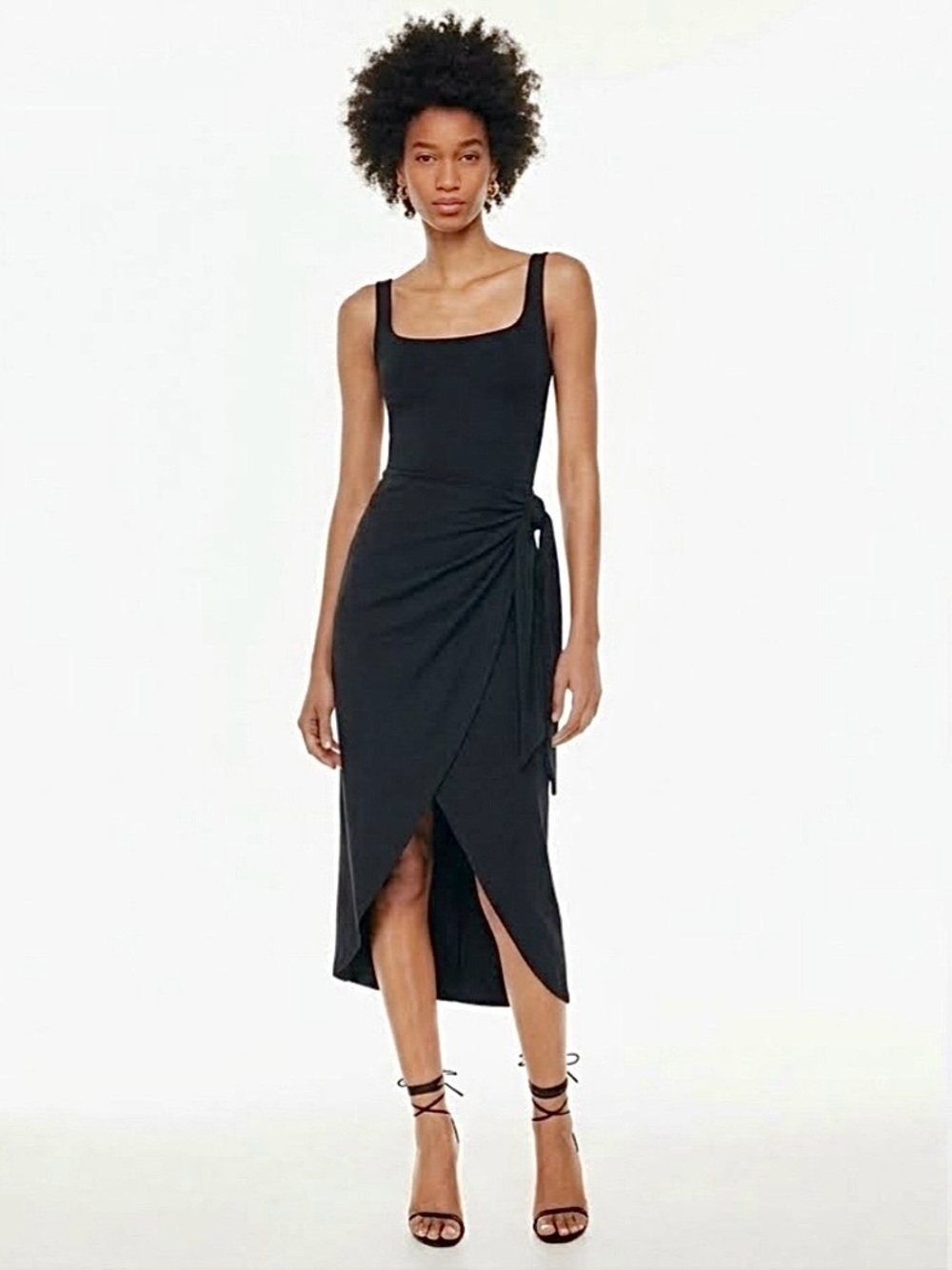 New Aritzia Wilfred Saturn Satin Midi Wrap Dress Size 8 Black Smocked Back